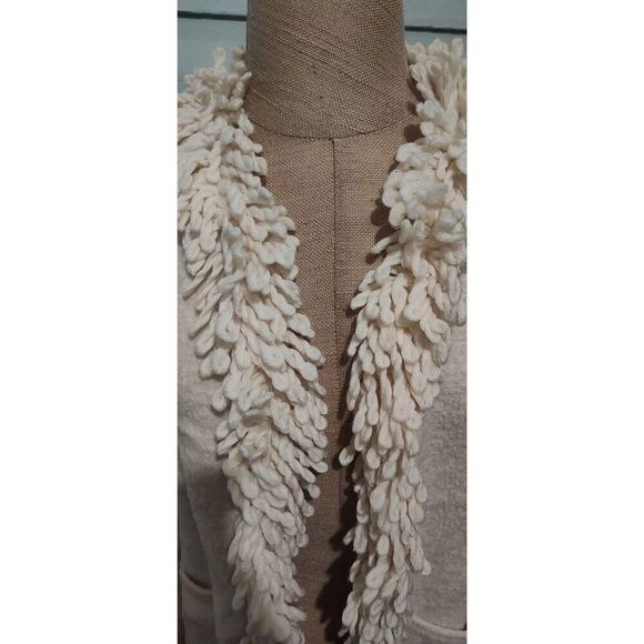 100% Wool Cardigan Sweater Off White Fringed Small Clothes by Revue - Picture 3 of 8
